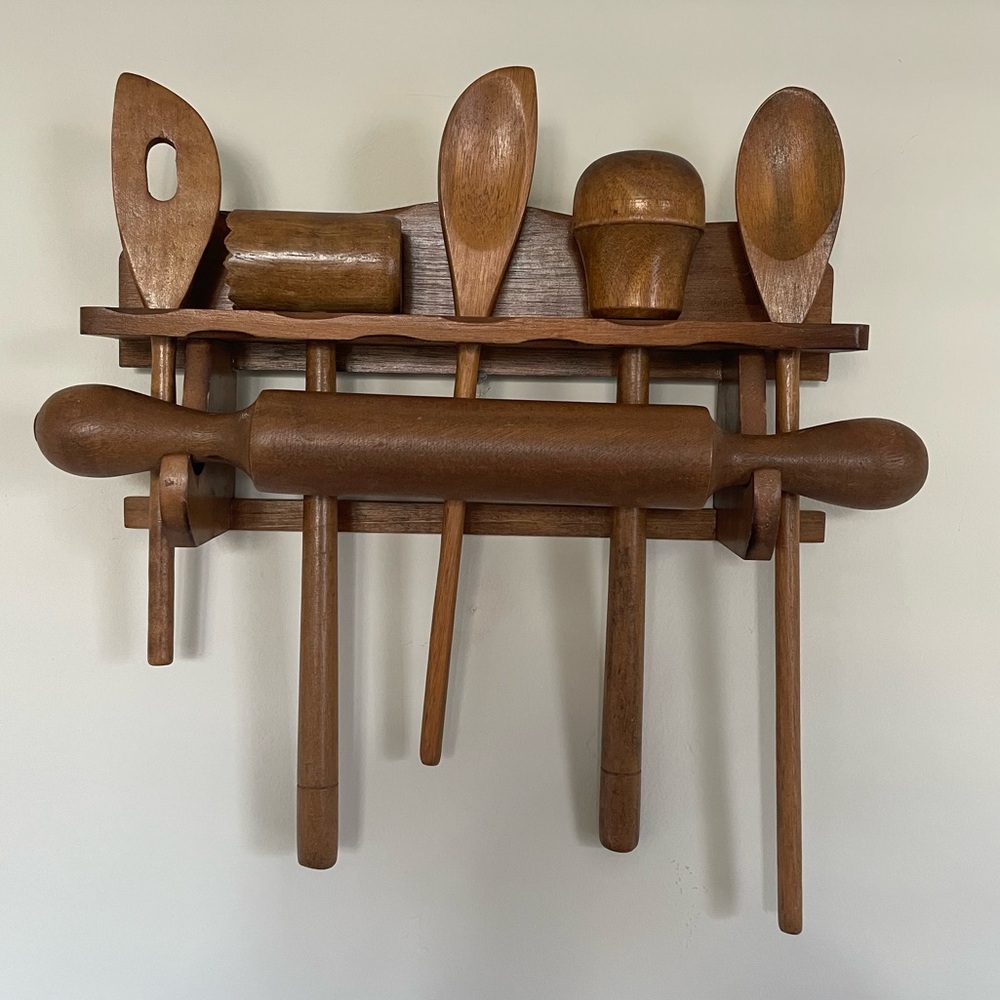 *SOLD* Vintage Hanging Wooden Utensil Holder Wall Mount